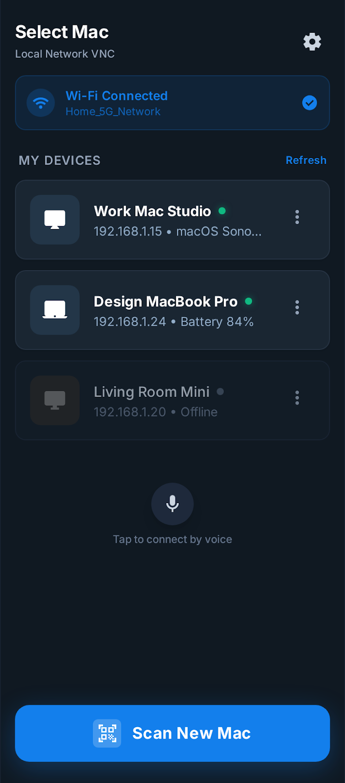 iPhone app — select a saved Mac for one-tap connection